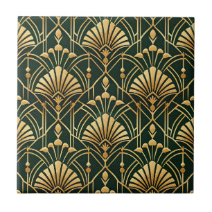 Emerald Gold Art Deco Pattern Ceramic Tile