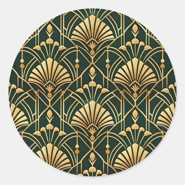 Emerald Gold Art Deco Pattern Classic Round Sticker (Front)