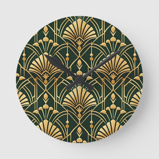 Emerald Gold Art Deco Pattern Round Clock (Front)