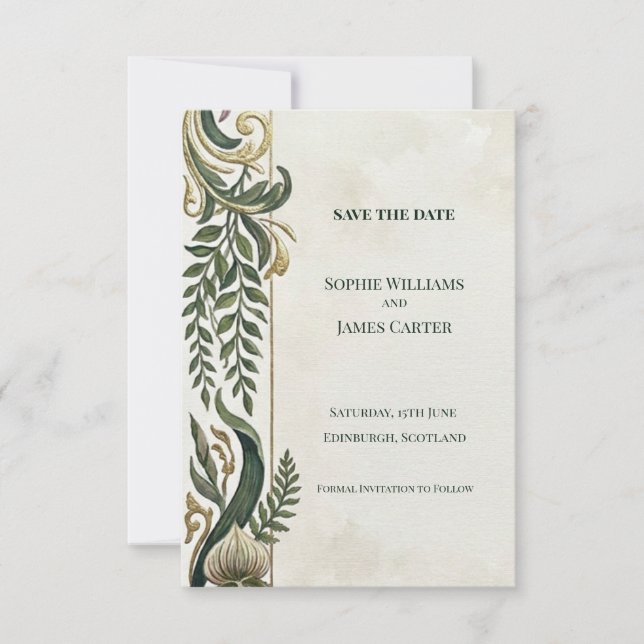 Emerald Gold Art Nouveau Save The Date Card (Front)