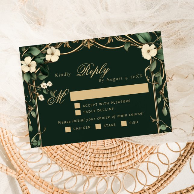 Emerald Gold Art Nouveau wedding meal choice RSVP (Creator Uploaded)