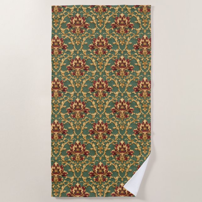 Emerald Gold Baroque Damask Beach Towel (Front)