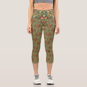 Emerald Gold Baroque Damask Capri Leggings
