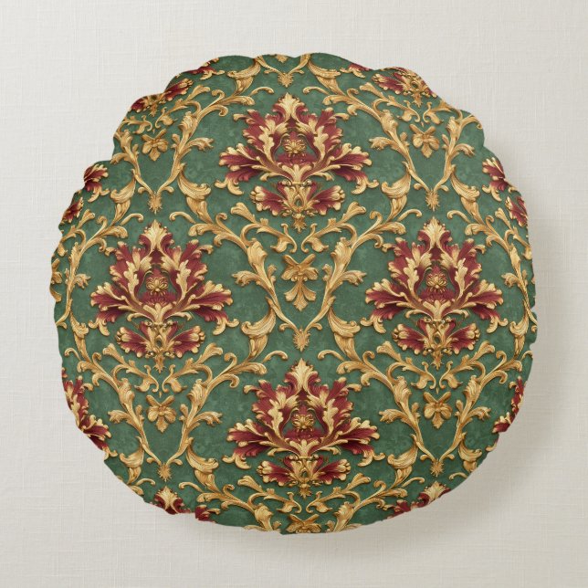 Emerald Gold Baroque Damask Round Cushion (Front)