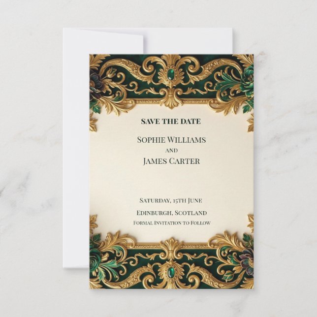 Emerald Gold Baroque Save The Date Card (Front)