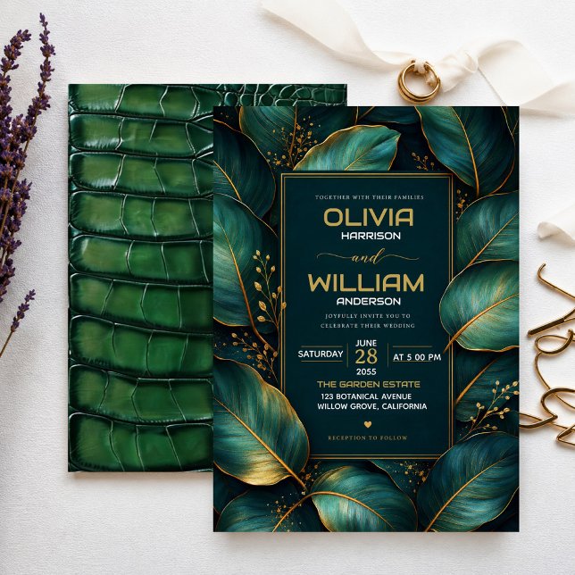 Emerald Gold Botanical Luxury Green Leaf  Invitation (Creator Uploaded)