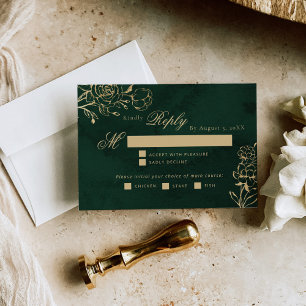 Emerald Gold Botanical wedding meal choice RSVP Card