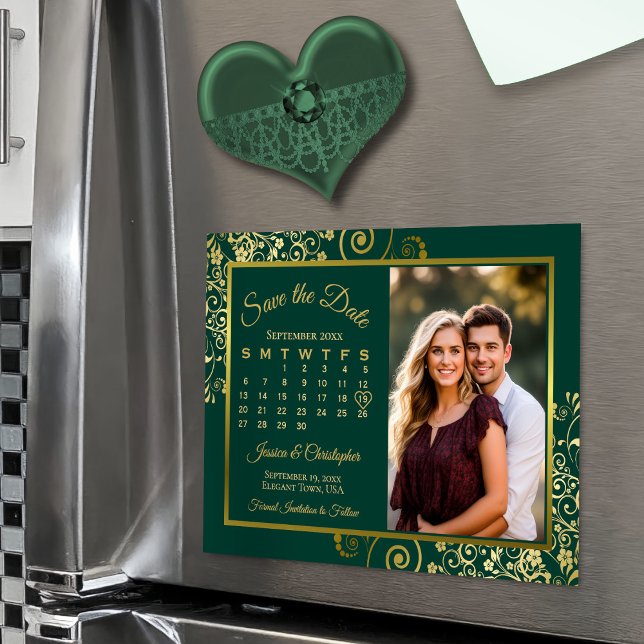 Emerald & Gold Calendar Photo Save the Date Magnet (Creator Uploaded)