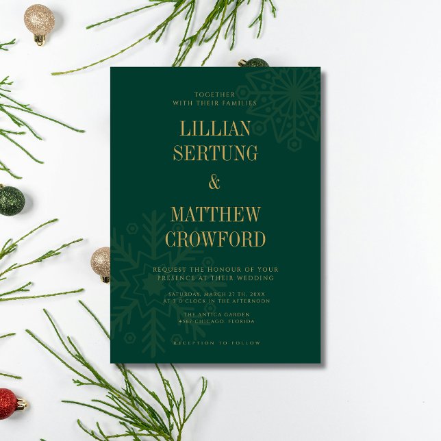 Emerald & Gold Clean Snowflake Winter Wedding Invitation (Creator Uploaded)