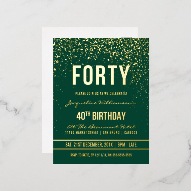 Emerald | Gold Confetti 40th Birthday Party Foil Invitation Postcard (Front/Back)