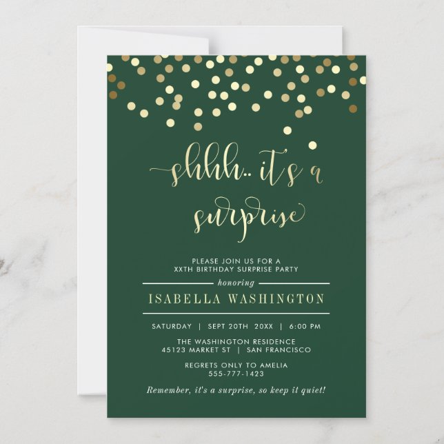 Emerald & Gold Confetti Surprise Birthday Party Magnetic Invitation (Front)