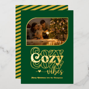 Emerald & Gold Cosy Vibes Retro Christmas Photo Foil Holiday Card