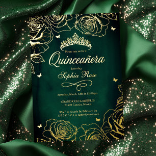 Emerald Gold Crown Roses Theme Quinceanera
