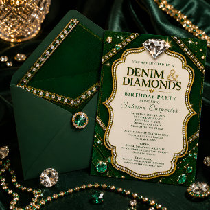 Emerald Gold Denim & Diamonds Birthday Party Invitation
