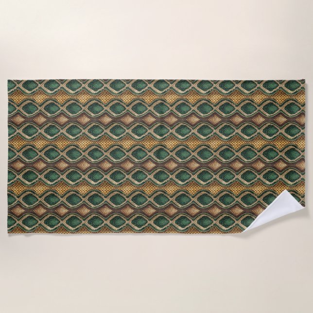 Emerald & Gold Diamond Snake Skin Pattern Design Beach Towel (Front)