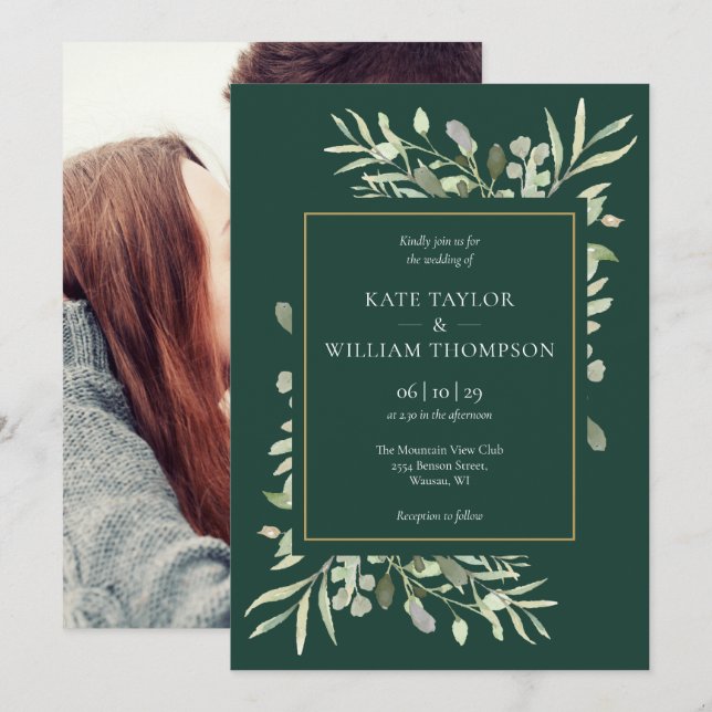 Emerald Gold Elegant Greenery Photo Wedding Invitation (Front/Back)