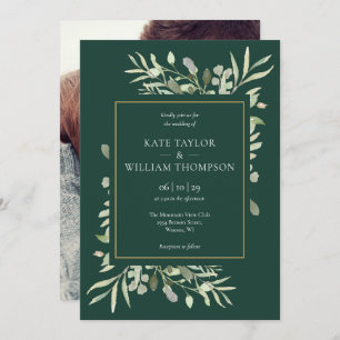 Emerald Gold Elegant Greenery Photo Wedding Invitation