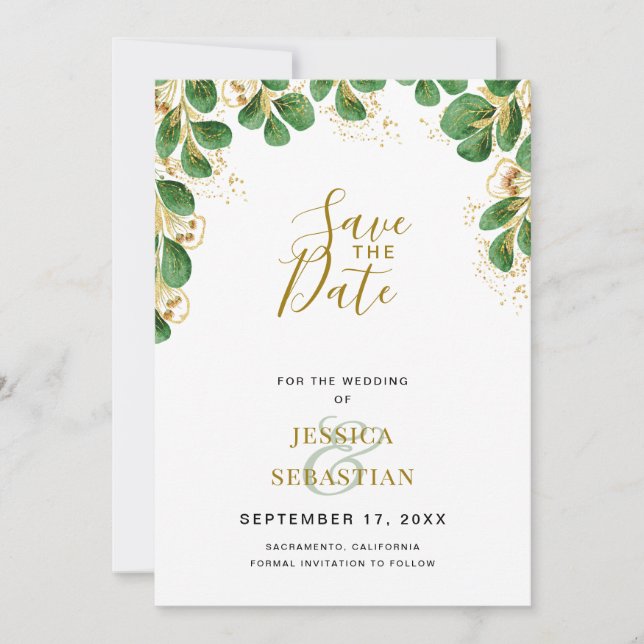 Emerald & Gold Eucalyptus Greenery Elegant Photo Save The Date (Front)