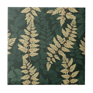 Emerald Gold Fern Forest Pattern Ceramic Tile