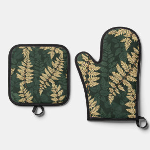 Emerald Gold Fern Forest Pattern Oven Mitt & Pot Holder Set