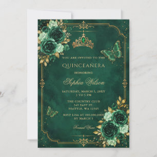 Emerald Gold Floral Butterfly Quinceañera Photo Invitation