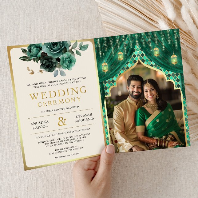 Emerald Gold Floral Curtain Indian Hindu Wedding Invitation (Creator Uploaded)