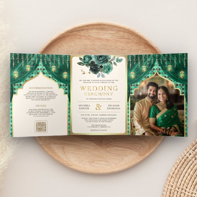 Emerald Gold Floral Curtain Indian Hindu Wedding Tri-Fold Invitation (Creator Uploaded)