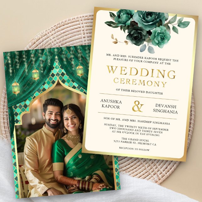 Emerald Gold Floral Indian Hindu Photo Wedding Invitation (Creator Uploaded)