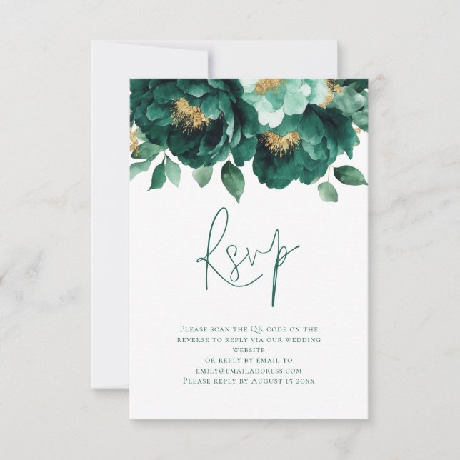  Emerald Gold Florals Script QR Code Wedding RSVP Card (Front)