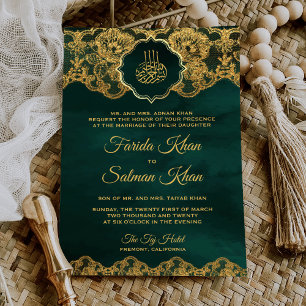 Emerald Gold Foil Lace Islamic Muslim Wedding Invitation
