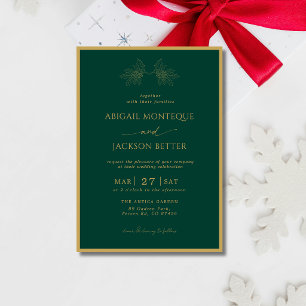 Emerald & Gold Frame Holly Tree Christmas Wedding Invitation
