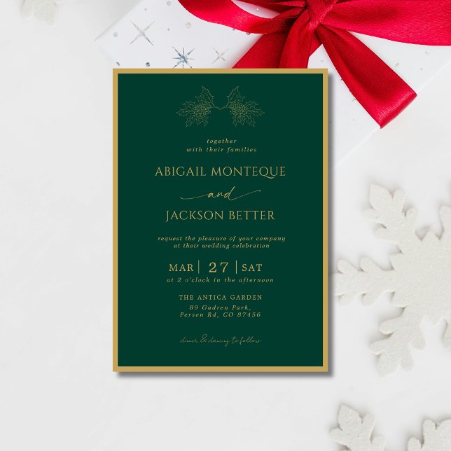 Emerald & Gold Frame Holly Tree Christmas Wedding Invitation (Creator Uploaded)