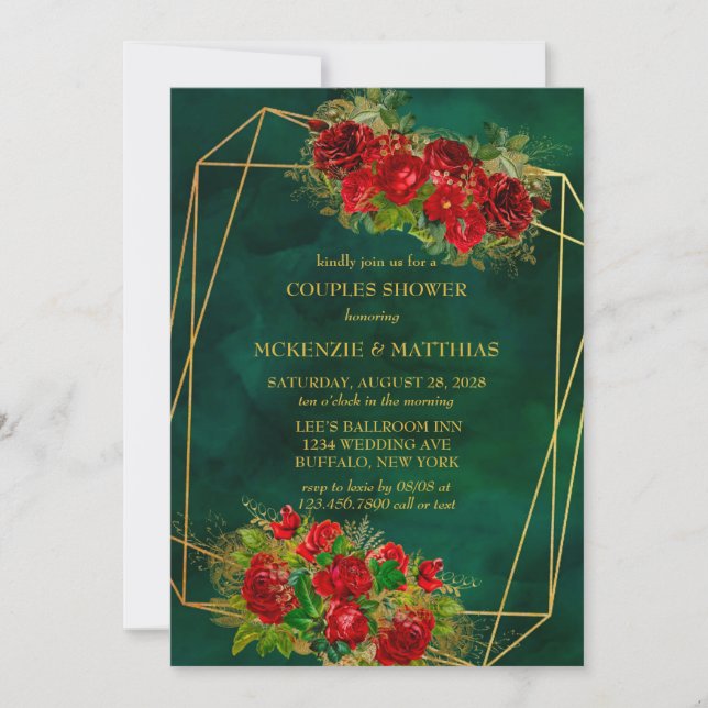 Emerald Gold Geometric Red Florals Couples Shower Invitation (Front)