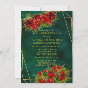 Emerald Gold Geometric Red Rose Rehearsal Dinner Invitation