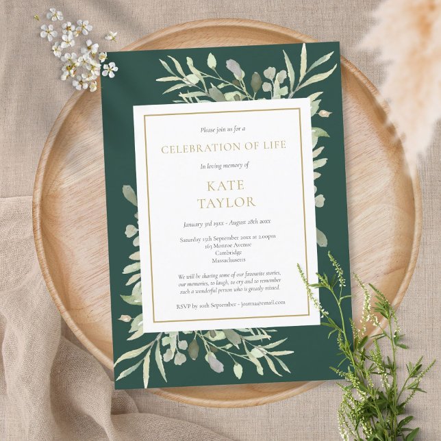 Emerald Gold Greenery Celebration of Life Funeral Invitation (Creator Uploaded)