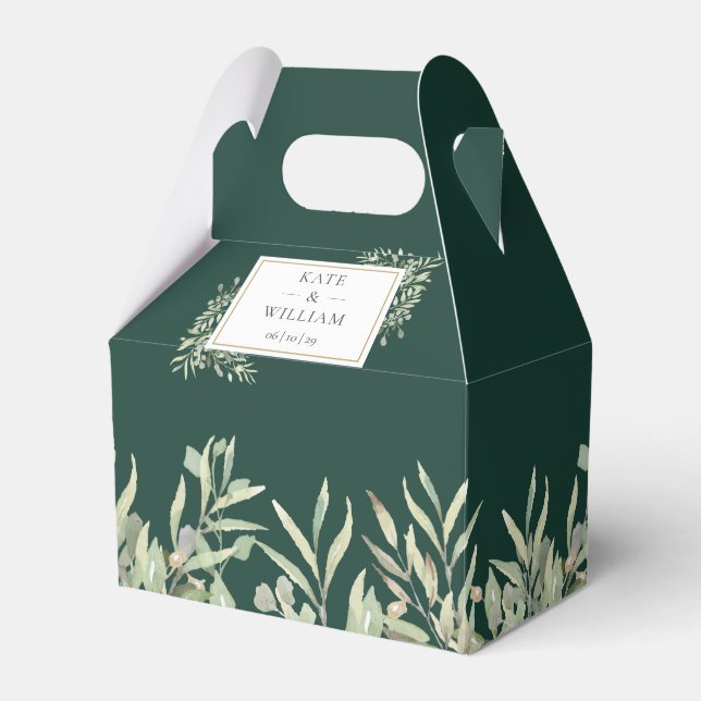 Emerald Gold Greenery Foliage Wedding Favour Box (Front Side)