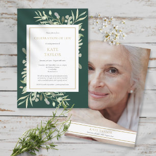 Emerald Gold Greenery Photo Celebration of Life Invitation