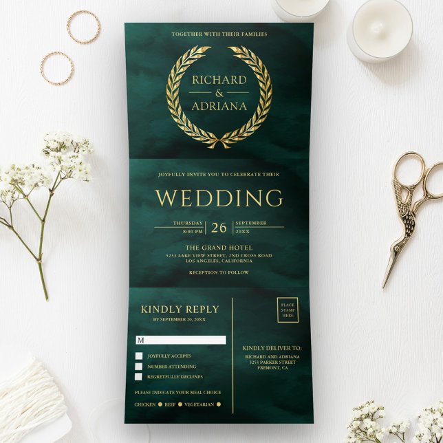 Emerald Gold Laurel Minimal All in One Wedding Tri-Fold Invitation (Creator Uploaded)