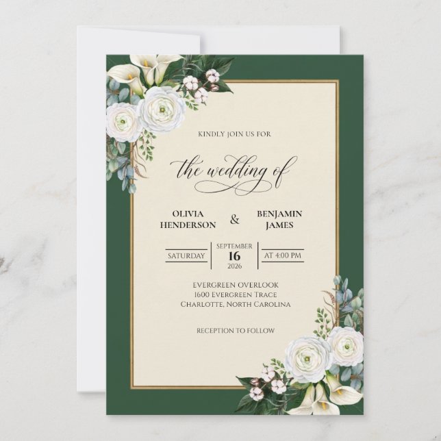 Emerald Gold Leaf Wedding Invitation (Front)