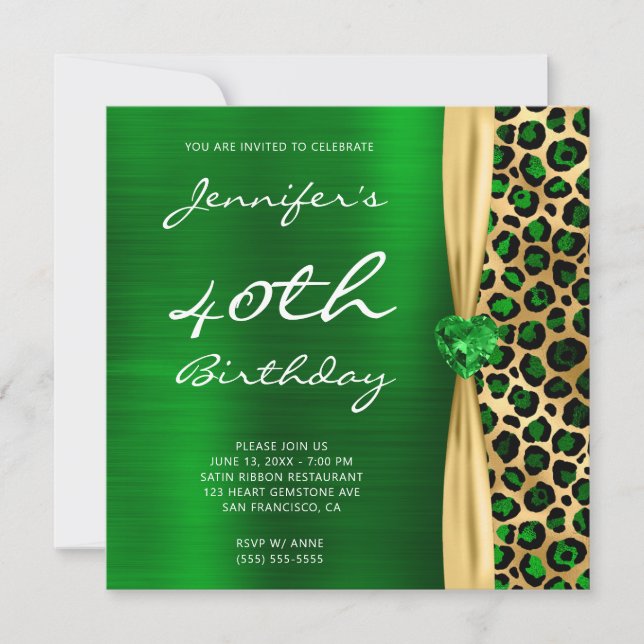 Emerald Gold Leopard Foil Gem Ribbon 40th Birthday Invitation (Front)