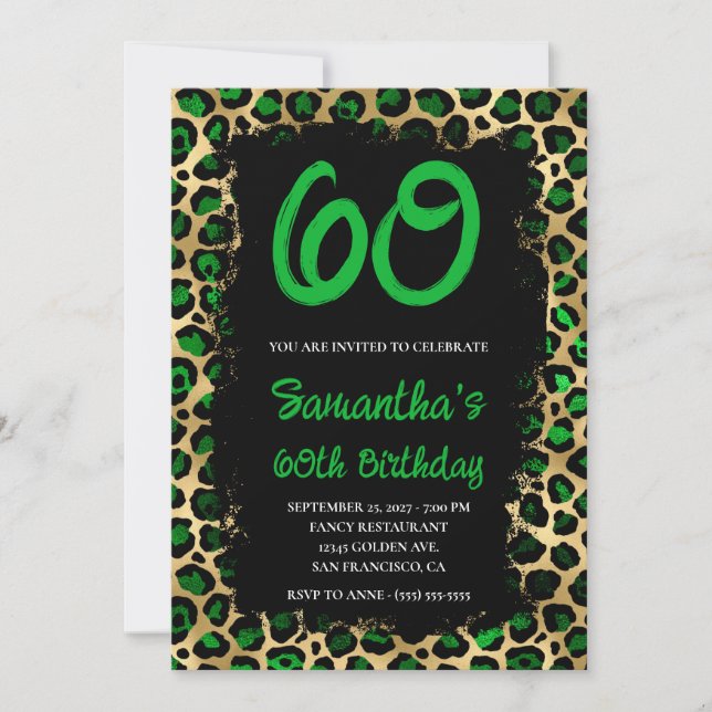 Emerald Gold Leopard Painted Black 60th Birthday Invitation (Front)