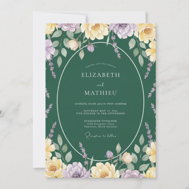 Emerald Gold Lilac Leafy Wedding Invitation (Front)