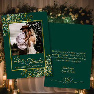 Emerald & Gold Love & Thanks Photo & Note Wedding Thank You Card