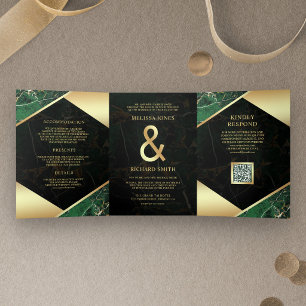 Emerald Gold Marble Ampersand QR Code Wedding Tri-Fold Invitation