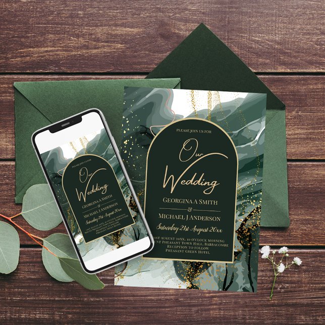 Emerald Gold Marbled Printed or Digital Wedding Invitation (Creator Uploaded)