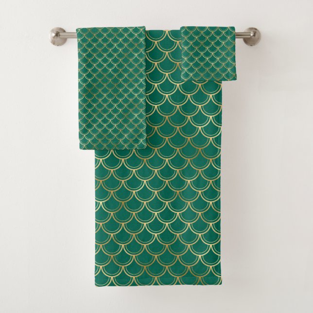 EMERALD GOLD MERMAID INSPIRED BATHROOM TOWEL SET  (Insitu)