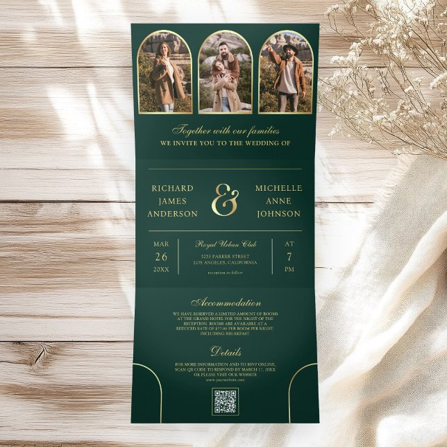 Emerald Gold Minimal Arch Photo QR code Wedding Tri-Fold Invitation (Creator Uploaded)