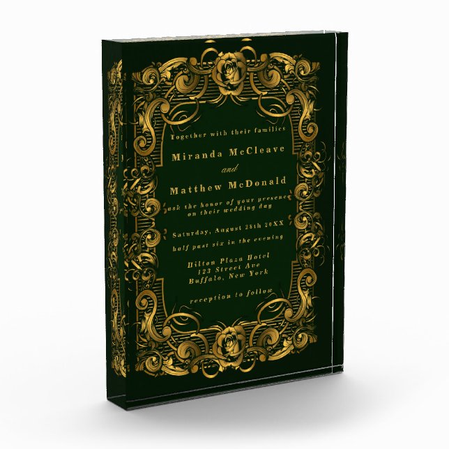 Emerald Gold Ornament Keepsake Wedding Invite Photo Block (Left)