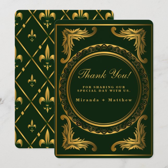 Emerald Gold Ornament Wedding Thank You Cards (Front/Back)