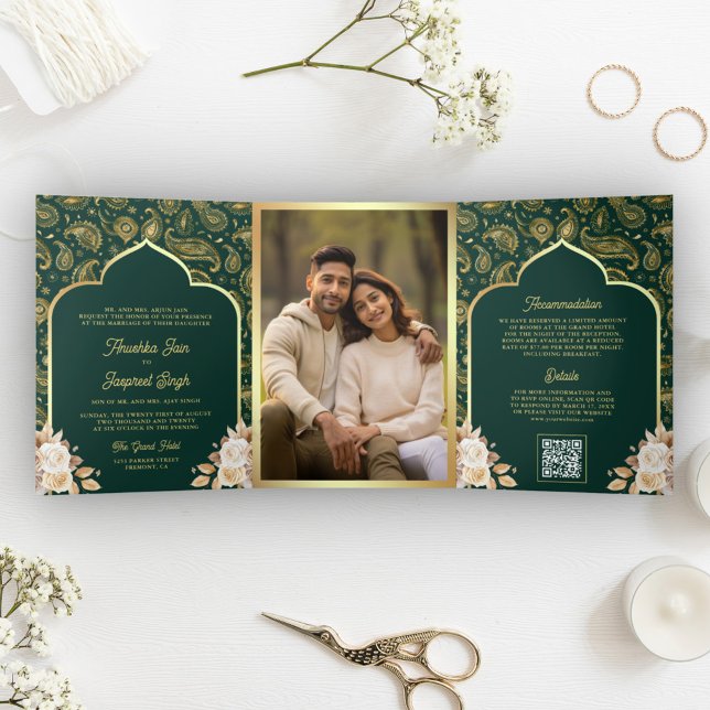 Emerald Gold Paisley Floral QR Code Indian Wedding Tri-Fold Invitation (Creator Uploaded)